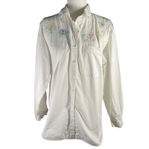 VTG Together Women's White Cotton Floral Embroidered Western Button Down Size L